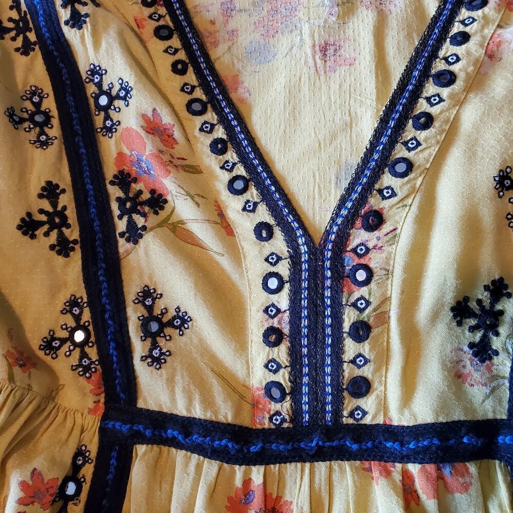 Free People Boogie All Night Yellow Boho Embellished Floral Blouse - Picture 3 of 8